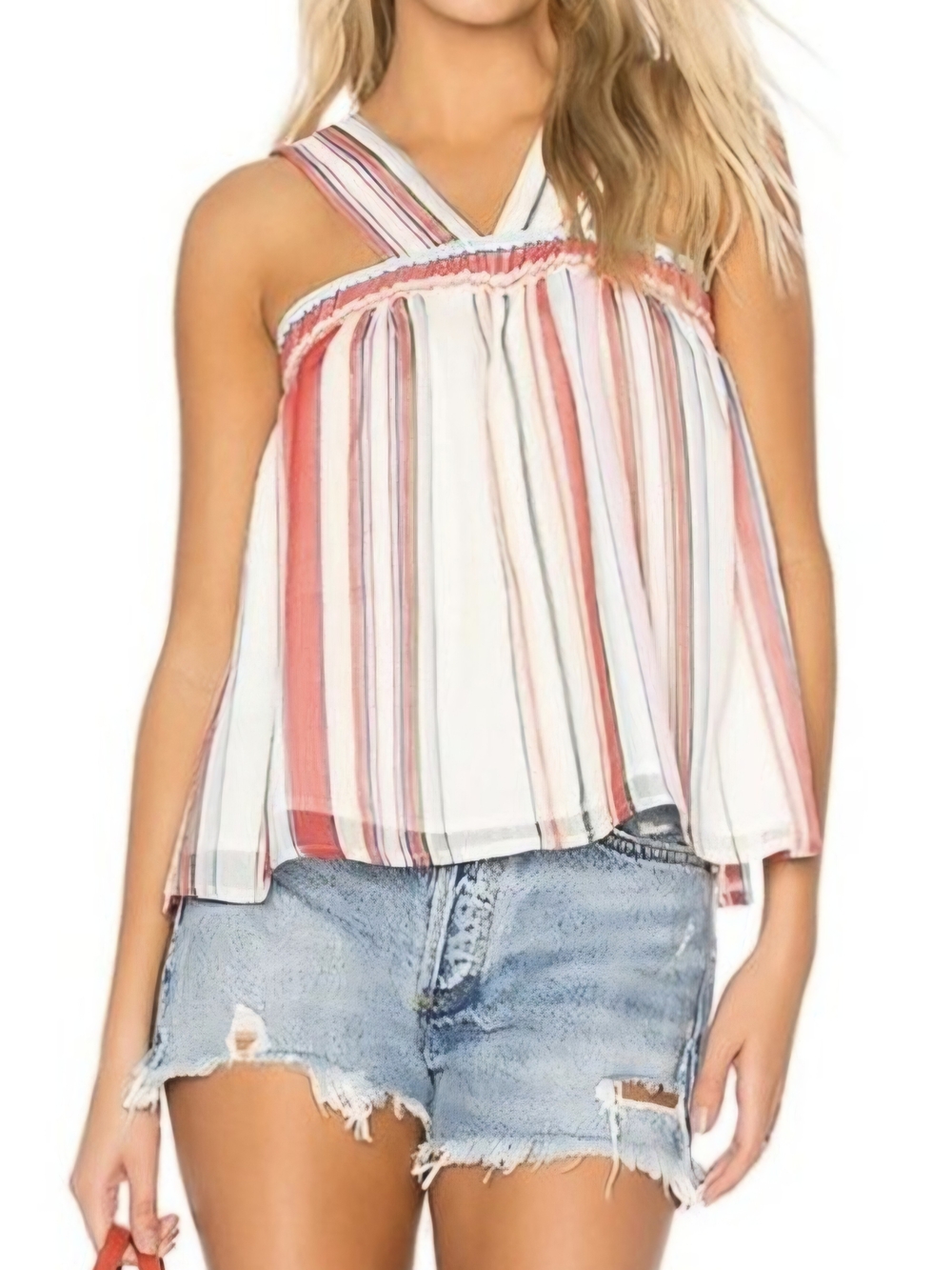 Jack by BB Dakota White Striped Cross-Back Tank with Coral & Pink Size S
